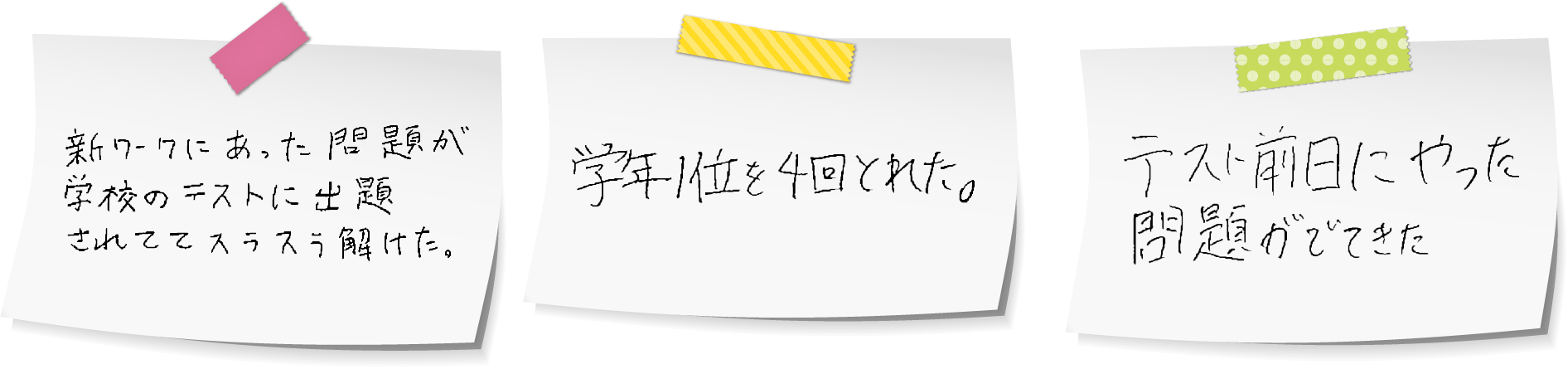 「新ワークにあった問題頁が学校のテストに出題されててスラスラ解けた。」「学年1位を4回とれた。」「テスト前日にやった問題がでてきた」